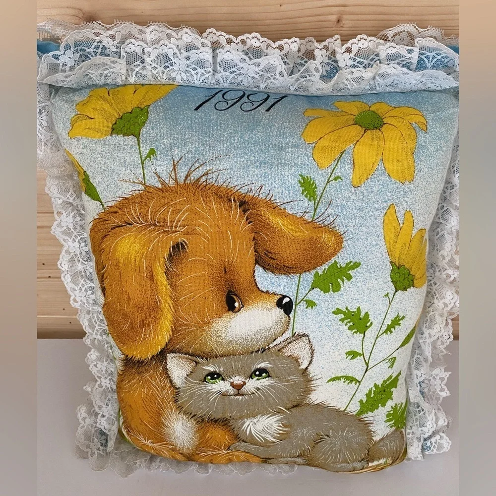 Vintage 1991 Handmade Ruffled Laced Puppy Kitten Calendar Tea Towels Pillow Home